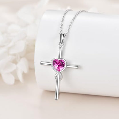 S925 Sterling Silver Cross Necklace for Women Birthstone Necklace Heart Infinity Cross Pendant Necklace Christmas Valentines Day Gifts Birthday Holiday Gifts for Her, 18"+2" Inches - color: 10-October Birthstone - Tourmaline