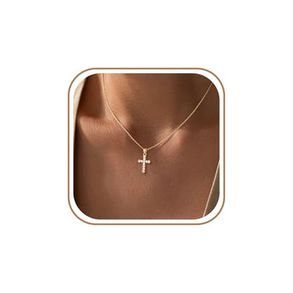 Cross Necklace For Women,14K Gold Plated Small Dainty Colorful Beaded Cubic Zirconia Diamond Double Layered Cross Pendant Choker Necklaces For Women,Christian Easter Religious Jewelry Gifts - style: Round CZ Cross-Gold
