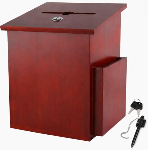 Wood Charity Donation collection Box Office suggestion Ballot Box With wide slot for envelopes and suggestion comment forms, side Pocket and Locking Hinged Lid & Pen for Table Or Counter-top(Mahogany) - color: Dark Mahogany