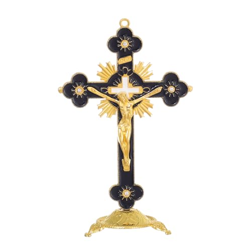 KOMI 5 Inch Catholic Metal Jesus Cross Standing, Black Enamel Crucifix for Home Decoration, Table Crucifix Religious Gift - color: black-gold