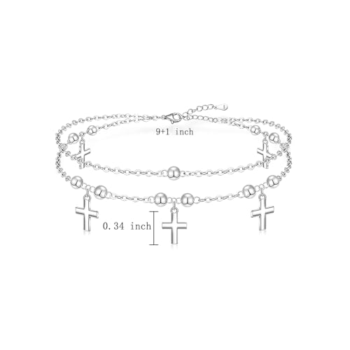 Cross Anklets for Women Cross Anklet Sterling Silver Beaded Multilayer Ankle Bracelets Dainty Layering Adjustable Chain Charm Jewelry Mothers Day Gifts