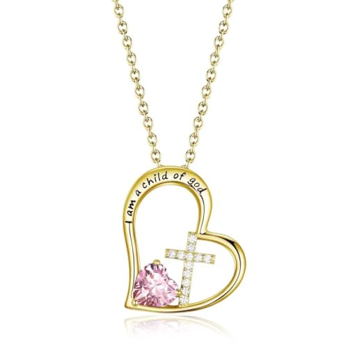 Birthstone Cross Necklace for Girls, Child of God Cross Gifts Jewelry - color: 10. October, style: 02. Yellow color