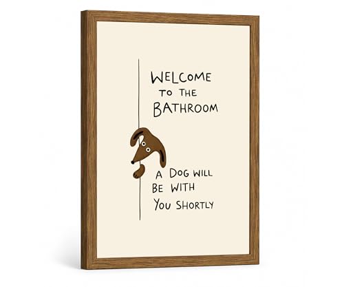 Funny Dog Bathroom Wall Art, Framed Canvas Print 16x24 In - color: Cream, Brown, Black, Natural Wood, size: 16"L x 24"W