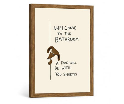 Funny Dog Bathroom Wall Art, Framed Canvas Print 16x24 In - color: Cream, Brown, Black, Natural Wood, size: 16"L x 24"W
