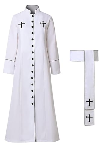 Clergy Robe Set with Cross, Full Length Button-Down, Black with White Trim, Includes Stole and Gold Cross Necklace - color: White, size: 3X-Large