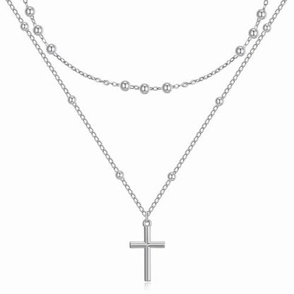 Cross Necklace for Women - Dainty 14K Real Silver Gold Plated Layered Pendant Necklace Stack Simple Trendy Cute Charm Choker Necklaces Jewelry Gift for Teen Her - style: Bead Set Silver