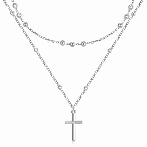 Cross Necklace for Women - Dainty 14K Real Silver Gold Plated Layered Pendant Necklace Stack Simple Trendy Cute Charm Choker Necklaces Jewelry Gift for Teen Her - style: Bead Set Silver