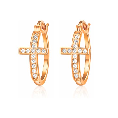 Cross Hoop Earrings for Women by Ginger Lyne – 20 or 30mm 14KT Gold Plated with Clear Cubic Zirconia – Jesus Religious Christian Jewelry for Church or All Occasion Wear - color: Rose Tone-20mm