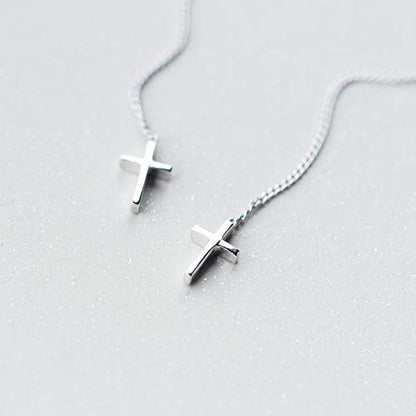 Minimalist Cross Threader Tassel Dangle Earrings S925 Sterling Silver Charm Long Dangling Drop Earring Fashion Jewelry Gift for Women Sensitive Ears Valentines Day Presents
