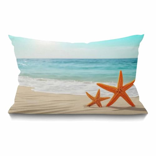 Smooffly Farmhouse Pillow Cover Beach Starfish and Seas Oceans Blue Sky Seashells on The Sand Home Decorative Pillow Cases Cotton Linen Oblong Cushion Covers for Sofa Couch 12x20 Inch - color: Md001