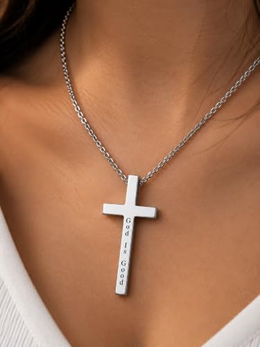 Engraved Cross Necklace for Men, Women & Boys & Girls Cross Necklace, Stainless Steel Cross Pendant Necklace, Faith & Inspiration Christian Jewelry Gift - color: God Is Good