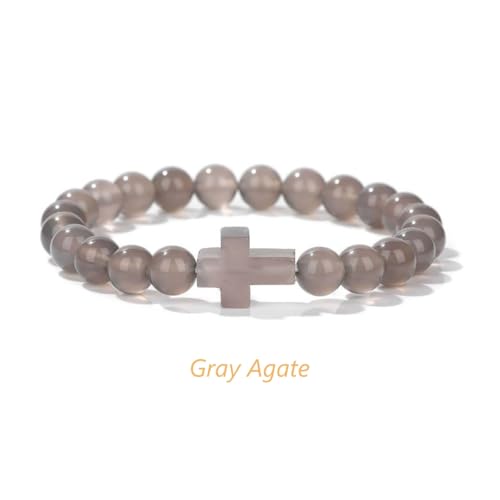 8mm Gemstone Cross Bracelet for Women Men – Stretch Beaded Faith Bracelet with Sideways Cross (Multiple Colors) - style: Gray Agate