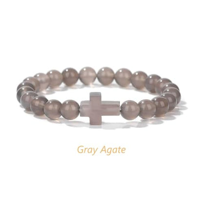 8mm Gemstone Cross Bracelet for Women Men – Stretch Beaded Faith Bracelet with Sideways Cross (Multiple Colors) - style: Gray Agate