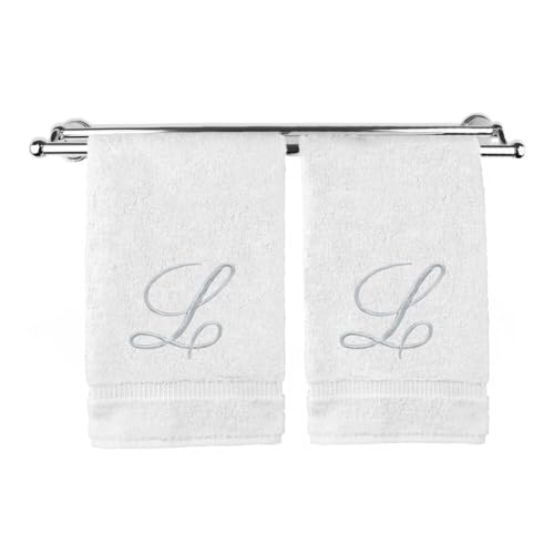 Pretty Monogrammed White Turkish Cotton Bath Hand Towel Set of 2 with Embroidered Silver Script L | 16"x 30" Soft Terry Finish Extra Absorbent Quick Dry Plush Luxury Bathroom Kitchen Spa Bath Towel