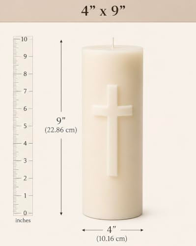 Large Cross Pillar Candle 9x4 Inch | Handmade Beeswax & Soy Wax Candle | Unscented Christian Prayer Candle | Religious Home Decor | Church, Altar & Memorial Candle | 90 Hour Burn Time