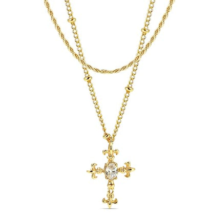 CONRAN KREMIX Waterproof Gold Layered Cross Necklace for Women Non Tarnish,14k Gold Plated Stainless Steel Dainty Cross Necklace Stack Necklaces Set for Women Christian Gifts Jewelry - color: Gold-Cross02