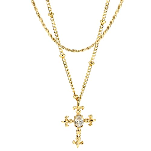 CONRAN KREMIX Waterproof Gold Layered Cross Necklace for Women Non Tarnish,14k Gold Plated Stainless Steel Dainty Cross Necklace Stack Necklaces Set for Women Christian Gifts Jewelry - color: Gold-Cross02