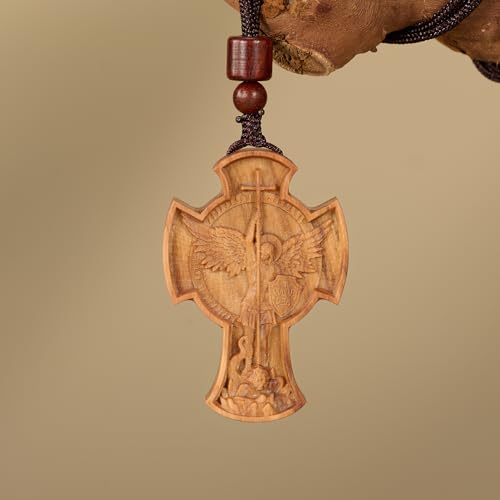 Wooden Archangel St. Michael Necklace, Carved Olive Wood, Wooden Religious Pendant Jewelry (Cross) - color: Cross