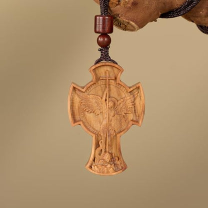 Wooden Archangel St. Michael Necklace, Carved Olive Wood, Wooden Religious Pendant Jewelry (Cross) - color: Cross