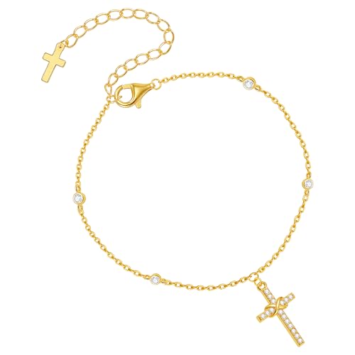 Gold Cross Bracelet for Women, Dainty 18K Gold Plated Double Pendant Jewelry, Sparkling Zirconia Prayer Bracelet, Adjustable Link Chain Lobster Clasp (5.9in + 2.4in) - style: Twisted Cross Bracelet