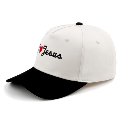 Embroidered Christian Two-Tone Baseball Cap for Men & Women, Adjustable Dad Hat Christmas Easter Gift - color: I Love Jesus Heart, Black/Beige