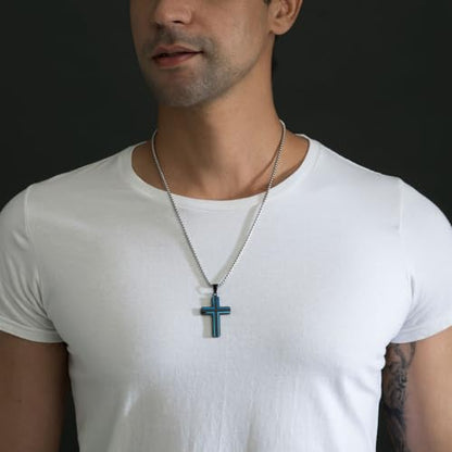 Holizaly Men's Cross Necklace 316L Stainless Steel Pendant White/Gold/Black/Blue Rolo Chain-Gift Box Included - color: Blue black
