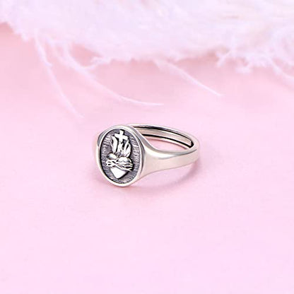 FLYOW S925 Sterling Silver Flaming Sacred Heart Rings Catholic Faith Charm Women Signet Ring Adjustable Love of God Thorn Jewelry Easter Gifts