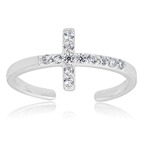 AVORA 925 Sterling Silver Adjustable Sideways Cross Toe Ring with Simulated Diamond CZ