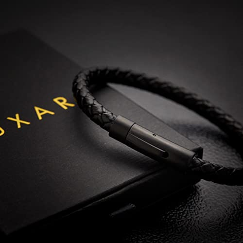 LUXAR Men’s Bracelet - Genuine Black Leather Bracelet with Stainless Steel Clasp or 8mm Matte Black Onyx Stone Bead Bracelet - Minimalist Designer Jewelry for Men - color: Black Leather Round Clasp, size: X-Large