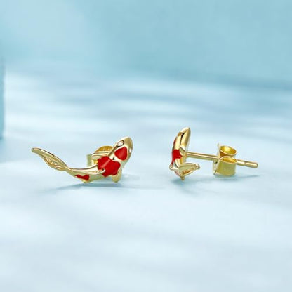 Cute Stud Earrings for Women Dachshund Koi Fish Sea Star Sea Turtle Sea Conch Earrings 14K Gold Plated Dainty Stud Earring funky Jewerly - color: Gold Koi Fish