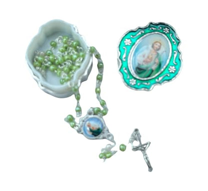 Catholic Silver Linked Rosary Set – 3mm Beads, 14.25" Length, Metal Keepsake Gift Box with Enamel Inlay – Perfect First Communion Gift (St. Jude) - color: St. Jude