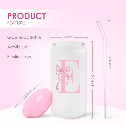 SANDJEST Monogrammed Glass Drinking Can Cup with Acrylic Lid and Straw, Personalized Frosted Iced Coffee Tumbler 16oz, Monogram Initial Gifts for Women Girls on Birthday (E) - color: E