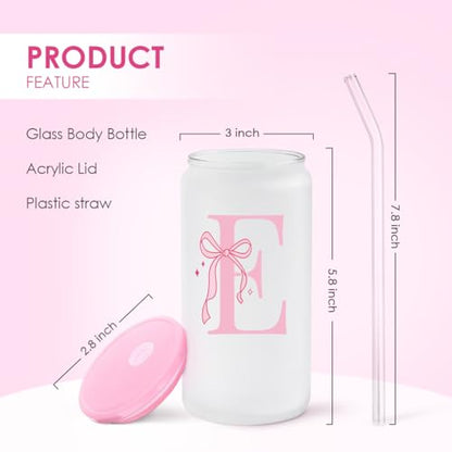 SANDJEST Monogrammed Glass Drinking Can Cup with Acrylic Lid and Straw, Personalized Frosted Iced Coffee Tumbler 16oz, Monogram Initial Gifts for Women Girls on Birthday (E) - color: E