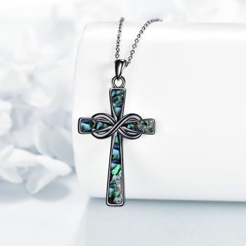 Infinity Cross Necklace S925 Sterling Silver Turquoise/Wooden/Opal/Abalone Cross Pendant Necklaces Christian Jewelry Gifts For Women - style: Black Abalone