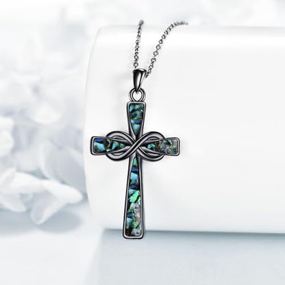 Infinity Cross Necklace S925 Sterling Silver Turquoise/Wooden/Opal/Abalone Cross Pendant Necklaces Christian Jewelry Gifts For Women - style: Black Abalone