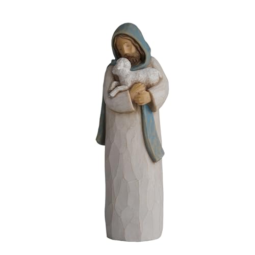 Good Shepherd Figurine 8" Jesus Statue with Lamb - Hand Painted Religious Gift Embrace His Hope Serie