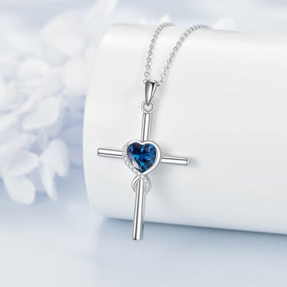 S925 Sterling Silver Cross Necklace for Women Birthstone Necklace Heart Infinity Cross Pendant Necklace Christmas Valentines Day Gifts Birthday Holiday Gifts for Her, 18"+2" Inches - color: 09-Sep Birthstone - Blue Sapphire