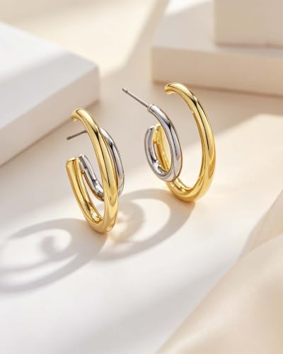 Two Tone Gold Silver Hoop Earrings Mixed Metal Open C Hoop Earrings - color: Double Hoop