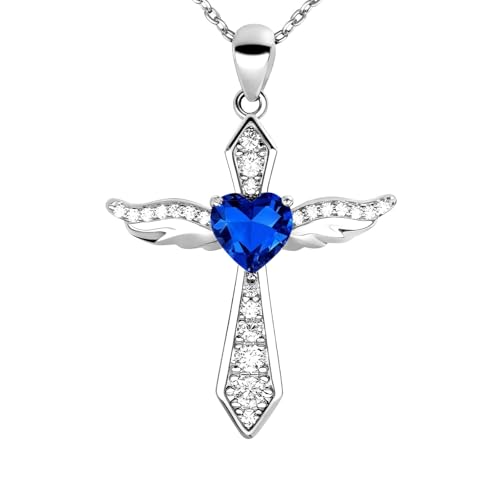 Lovans Cross Necklace for Women 925 Sterling Silver Angel Wings Pendant - color: White Gold+Blue CZ, size: 18"+2"