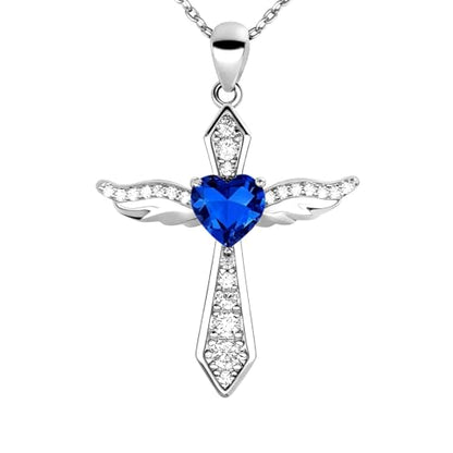 Lovans Cross Necklace for Women 925 Sterling Silver Angel Wings Pendant - color: White Gold+Blue CZ, size: 18"+2"