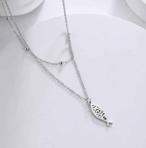 Ichthus Necklace for Women Christian Jesus Fish Necklace Christ Fish Cross Ichthys Pendant Necklace Ichthus Fish Religious Symbol Pendant Christian Jewelry Gift - color: Jesus Fish 2 silver