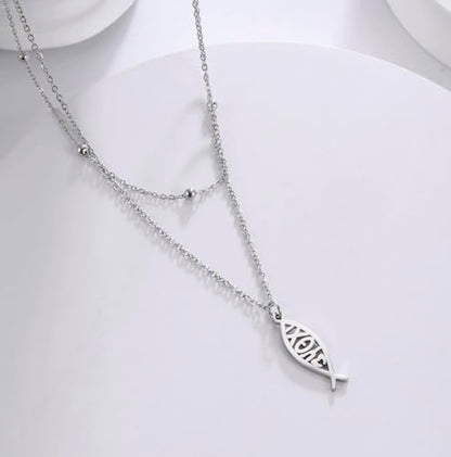 Ichthus Necklace for Women Christian Jesus Fish Necklace Christ Fish Cross Ichthys Pendant Necklace Ichthus Fish Religious Symbol Pendant Christian Jewelry Gift - color: Jesus Fish 2 silver