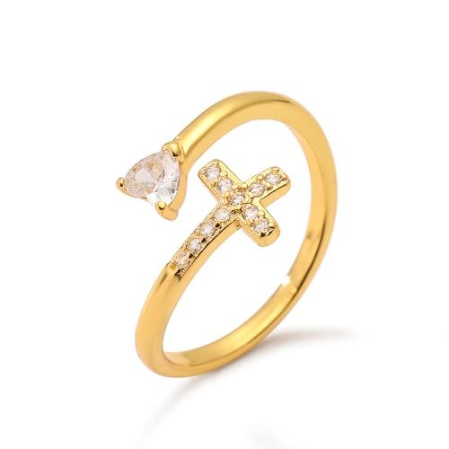 14K Gold Plated CZ Cross Heart Ring Eternity Promise Jewelry for Her - style: Heart Cross