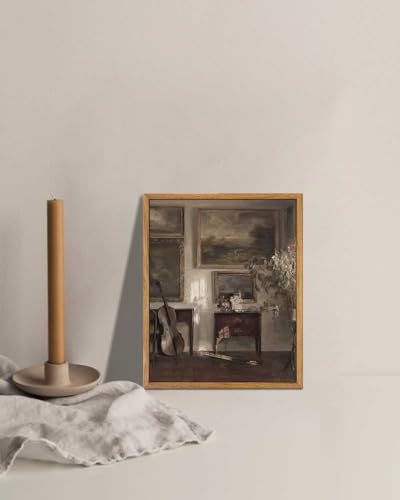 KBKBART Framed Canvas Wall Art, Moody Still Life Interior Cello Paintings - color: Antique Room, size: 10"L x 8"W
