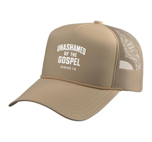 Unashamed of the Gospel, Christian Teen Romans 1:16 Trucker Hat with Adjustable Mesh Back - color: Khaki