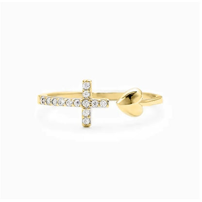 Cross Rings for Teen Girls Silver/Gold Heart Ring Cubic Zirconia Adjustable Ring Inspirational Pray Cross Heart Religious Christian Faith Jewelry Gifts for Her(Gold)7# - color: gold 7#