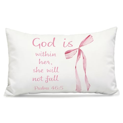Christian Bible Verse Pillow Covers12x20, Coquette Room Decor, Psalms 46:5 Christian Decorative Throw Pillow Covers Pillowcases for Girls Bedroom Dorm Home Decor - color: Pink Bible(white04）