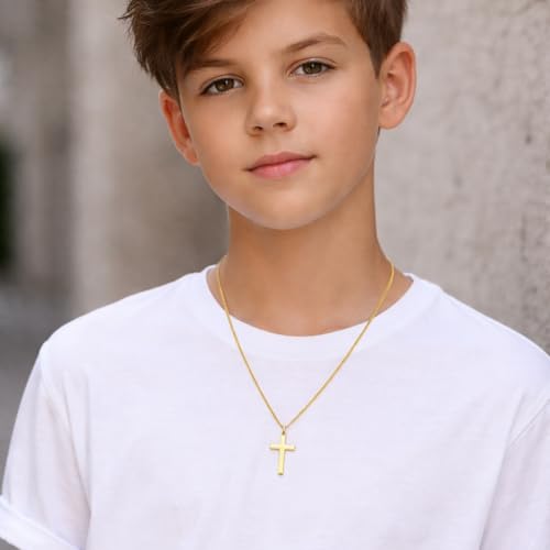 Small Cross Necklace for Boys Baptism Christmas Confirmation Valentines Easter Birthday Gifts to Teens Son Grandson Nephew - color: gold, style: bless this boy