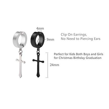 Non-pierced Earrings Set for Men Women Cross Titanium Steel Hoop Dangle Clip On Earring - style: set of 2 pairs