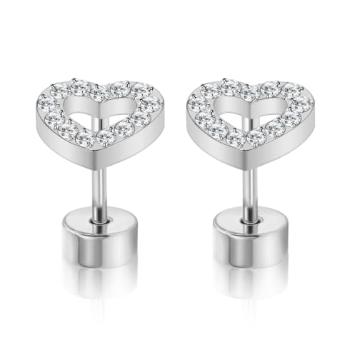 XUU 20G Flat Back Stud Earrings ASTM F136 Titanium & Sparkling CZ - color: silver heart